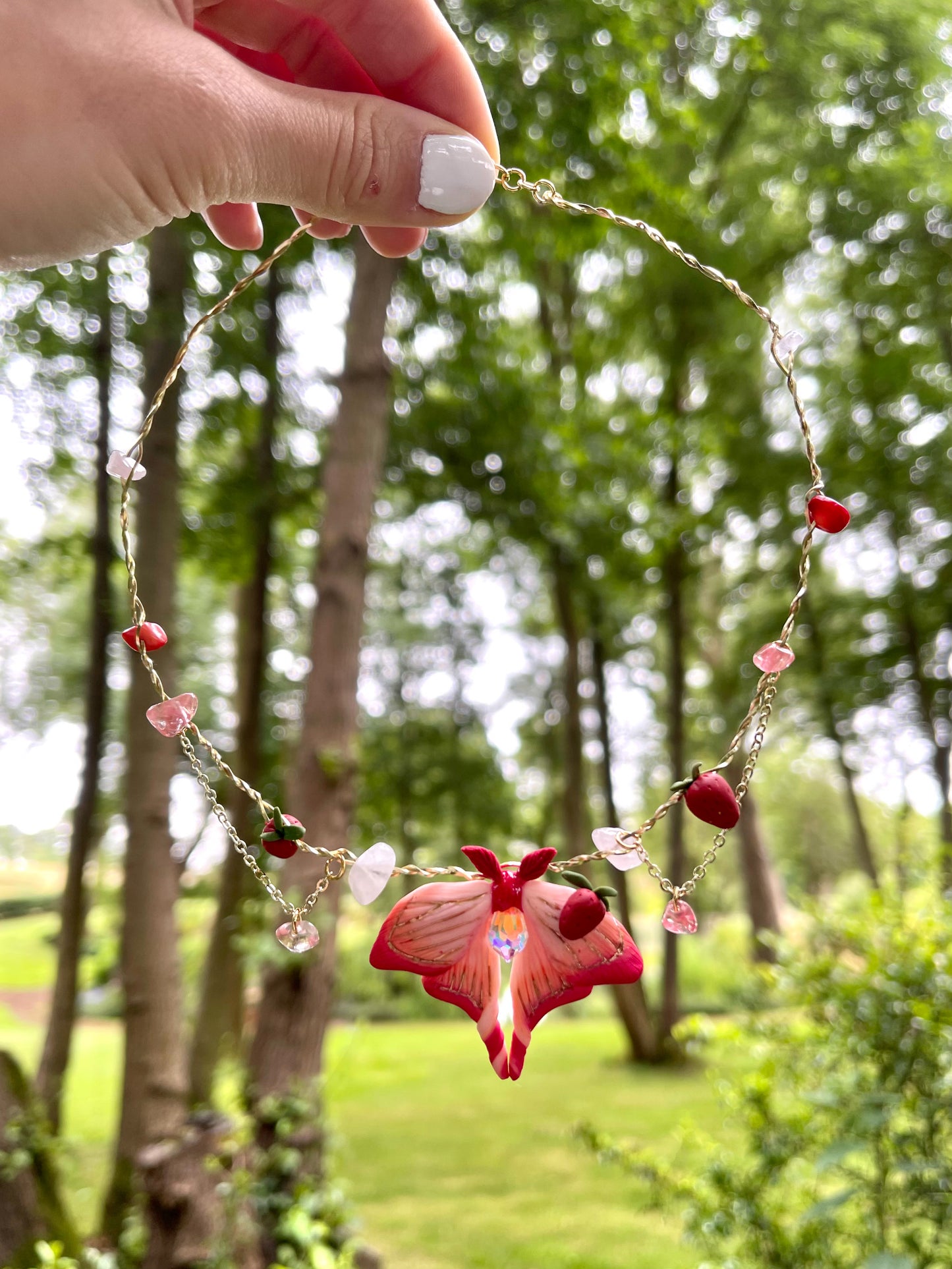 Strawberry and Cream Moth necklace