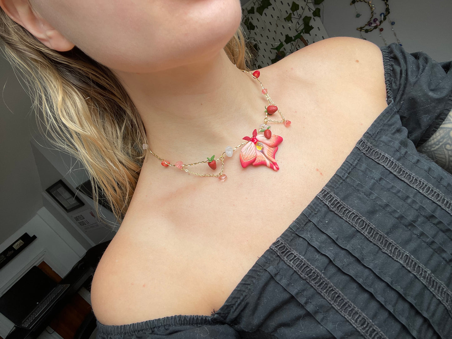 Strawberry and Cream Moth necklace